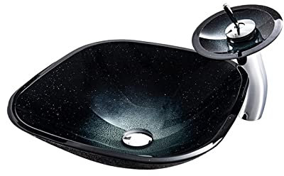 Ksunun Waschbecken Set Schwarzer Sternenhimmel Design Gehärtetes Glas Aufsatzwaschbecken Modern Quadratisch Handwaschbecken mit Wasserfall Wasserhahn und Wasserablauf, Waschschale für Bad