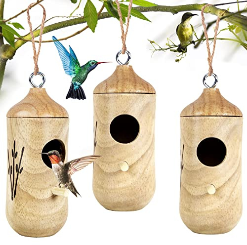 Hummingbird House for Outside Hanging,Wooden Humming Bird Nest 3 Pcs with Hemp Ropes (MI3723)