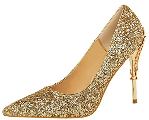 JOEupin Décolleté da donna con tacco alto glitterato scintillante, sexy, per feste di matrimonio, tacco a spillo, Oro, 39 EU