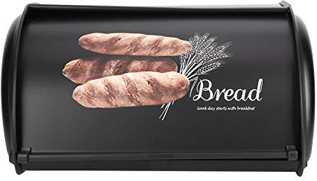 Tiiyee Bread Box, Matte Stainless Steel Bread Box Holder for Countertop Metal Bread Bin Container with Roll up Lid Fingerprint Proof Kitchen Storage Organizer Tool (Black)