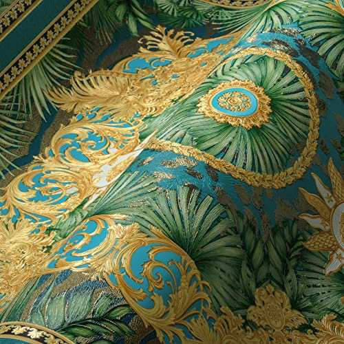 A.S. Création VERSACE WALLPAPER Designer Dschungel Tapete Luxus 387032 Blau Gold Grün Palmen Logo Medusa 10,05x0,70m Made in Germany