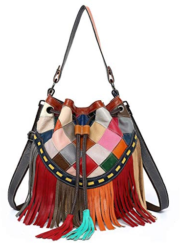 Segater Große mehrfarbige Beuteltasche für Damen Umhängetasche aus echtem Leder Bunte Spleißtasche Handtaschen und Schultertaschen Geldbeutel Weihnachts-Shopper-Party-Schulranzen