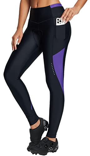 baleaf Women's Bike Pants 4D Padded Cycling Tights High Waisted Bicycle Clothes Pockets Biking Apparel UPF 50+ Black/Purple M