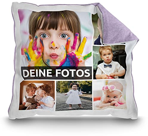 Print Royal Kissen mit Fotocollage selbst gestalten - mit 6 Fotos Personalisieren - Geschenk für Freunde und Familie | Rückseite Pastell-Flieder, inkl. Kissenfüllung, 40x40cm