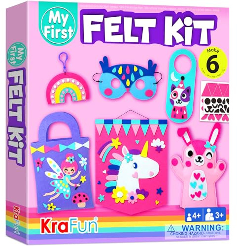 KRAFUN Kit Fieltro Unicornio 3-8 Años, 6 Proyectos | 6 proyectos de fieltro unicornio: máscara, bolso y más. Suministros e instrucciones incluidos