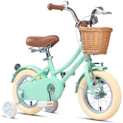Glerc ‎Little Molly 12 Inch Kids Bike, Retro Cruiser Girls Bicycle for Children Ages 2-4 Years Old, Toddler Bike with Wicker Basket & Training Wheels, Mint Green