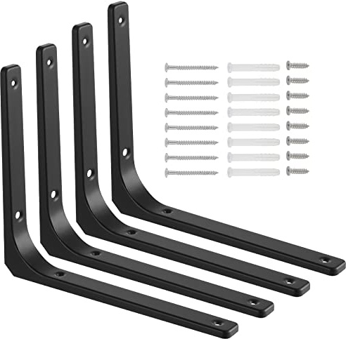 Knpwer 4 pz Supporti per scaffali neri, Supporti per scaffali resistenti da 12 pollici, Supporto per scaffali industriale, Angoli metallici multifunzionali 90 gradi (25x30cm)