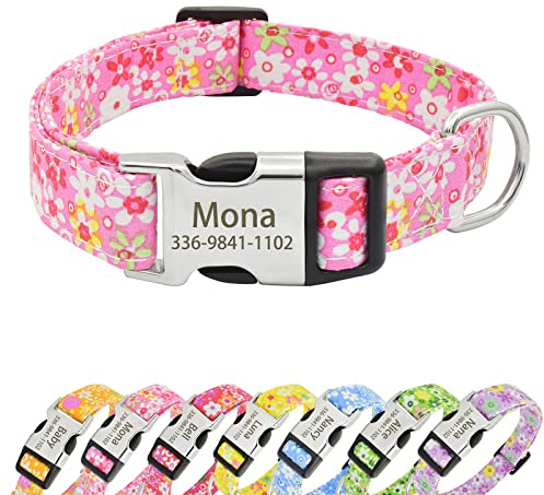 Senristar Personalisiertes florales Hundehalsband mit Namen, Benutzerdefinierte Blume Drucken Hundehalsbänder mit Gravierten Schnalle für Kleine Mittlere Große Hunde
