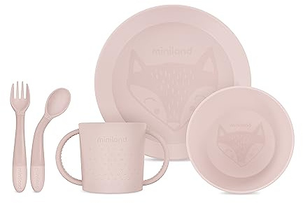 Miniland Meal Set Round Candy. Set di stoviglie rotondo che comprende piatto, ciotola, bicchiere e posate flessibili, realizzato in Spagna con materiali di alta qualità e pensato per tutti i bambini.