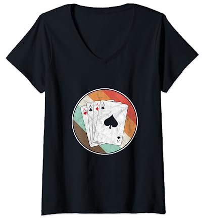 Retro Gambler Poker Vintage-Spielkarte Herz-Pik-Karo T-Shirt mit V-Ausschnitt