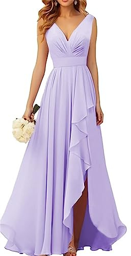 WSEYU V-Ausschnitt Chiffon Brautjungfer Kleider für Hochzeit Lange Formale Abendkleid mit Rüschen Schlitz, Flieder, 46