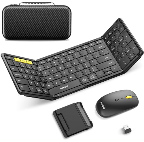 Foldable Keyboard and Mouse, Samsers Folding Bluetooth Keyboard Combo, 2.4G + BT5.0 x 2, Full-Size Portable Travel Keyboard & USB-C Rechargeable Wireless Mouse for iOS Android Windows Mac OS