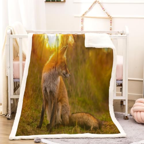 Fuchs Kuscheldecke Flauschig 100x130cm Wilde Tiere Kinderdecke Babydecke Flanell Wohndecke Weiche Warme Flauschig Sherpa Decke für Sofa Bett Couch Mädchen Jungen Winter Blanket