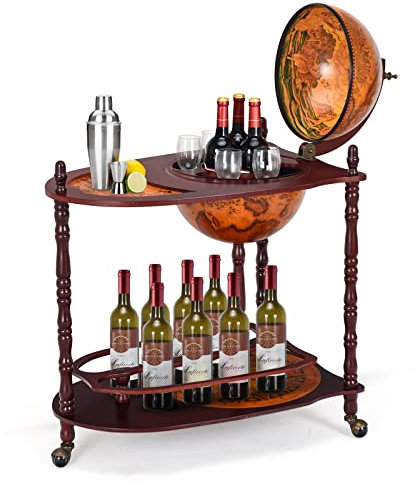 KOMFOTTEU Globus Bar Barwagen, Minibar mit Rollen, Weinregal mit Klassischem Design, Cocktailbar Barschrank Hausbar für Wein, Getränke (Braun, 70x45x88cm)