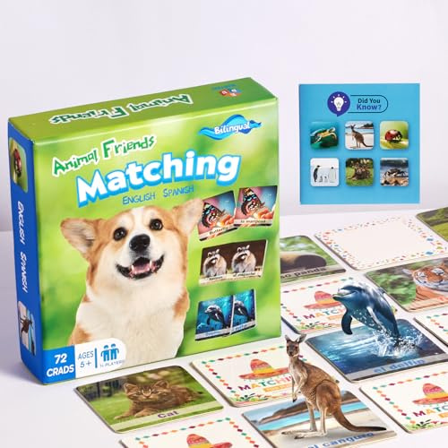 EDUMAETRIX 72 (36 Pairs) Spanish English Bilingual Animal Memory Matching Game with Reusable Custiomizable Cards,Instruction Language Learning Games for ESL and Language Immersion for Teens.