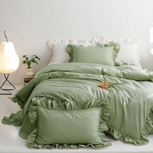 AShanlan Grüne Rüschen Bettwäsche 200x220 3 Teilig Microfaser Romantisch Bettbezug mit Kissenbezug 80x80 cm Aesthetic Salbeigrün Rüschen Bettwäsche Set Reißverschluss