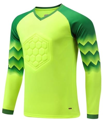 Fldy Kids Goalkeeper Jersey Padded Goalie Shirt Football Goalkeeper Jersey and Pants Set Soccer Uniform Boys Keeper Kit Fluorescent Green A 11-12 Years