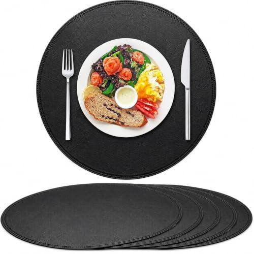 Rinpon Tischsets aus PU-Kunstleder, dick, abwischbar, wasserdicht, rund, 6 Stück, Vintage-Stil, niedlich, rund, rutschfest, waschbar, öldicht, knitterfrei, für Küche, Esstisch (schwarz)