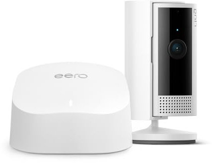 Ring Indoor Camera (2ª gen.) di Amazon + Router wi-fi mesh Amazon eero 6 | Videocamera plug-in per animali domestici | 1080p HD, audio bidirezionale, copertura per la privacy