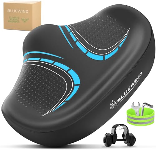 BLUEWIND New Noseless Oversized Bike Seat, Wide Bicycle Saddle Novel Backrest Design for Electric Bike, Universal Fit Exercise Bike or Road Stationary Bike Seat Cushion for Men & Women (Blue)