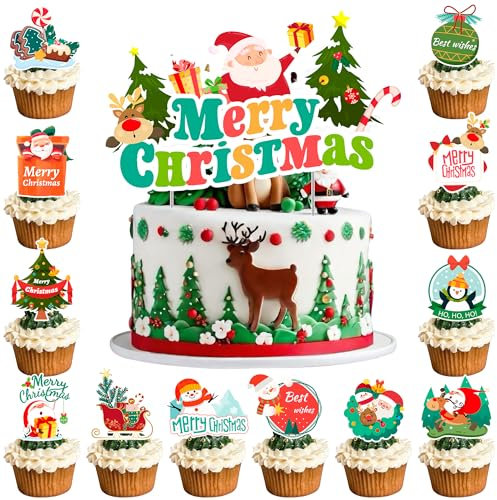 Topper Tarta Navidad, 12 Pcs Cupcake Topper Navidad/Topper Magdalenas Navidad & 1 Pcs Adorno de Tartas Feliz Navidad/Decoración para Tartas Navidad, para Adornos Navidad Interior & Exterior