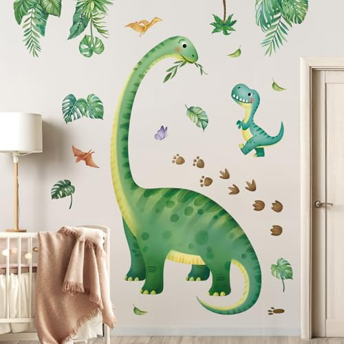 Decalmile Stor Dinosaurieväggsticker Tropiska Gröna Löv Baby Dino Väggstickers Pojksovrum Förskola Baby Plantage Väggdekoration