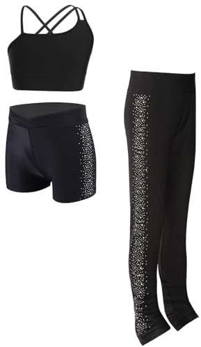 Agoky Mädchen Sport Kleidung Set 3 Teillig aus Crop Top mit Shorts und Lange Hose Leggings mit Strasssteine Eiskunstlauf Anzug Ballett Tanz Training Leotard Schwarz 134-140