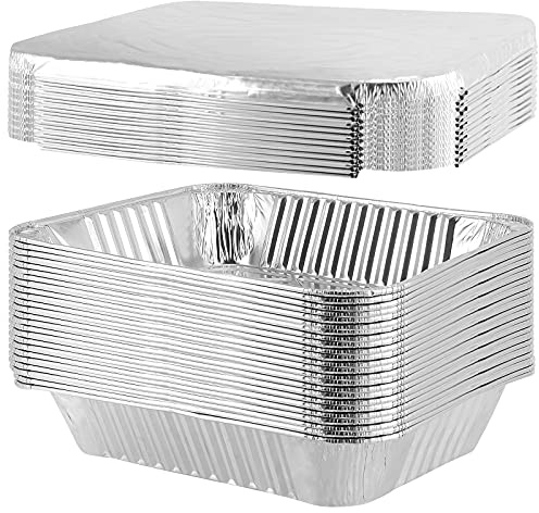 HEIYUET 25 stycken 3 500 ml aluminiumskålar med lock stor, 32 x 26 x 6 cm aluminium grillskålar aluminiumfolie skålar, aluminiumdroppskålar aluminiumbehållare för bakning, picknick, matlagning