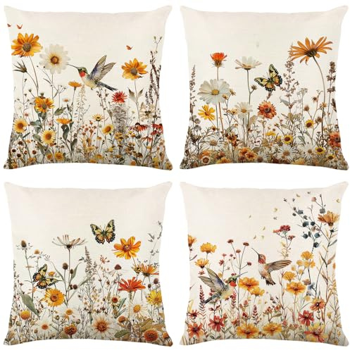 wyooxoo Spring Pillow Covers 18x18 Set of 4 Farmhouse Summer Throw Pillow Covers Floral Decorative Cushion Cases for Sofa Couch Outdoor Bedroom