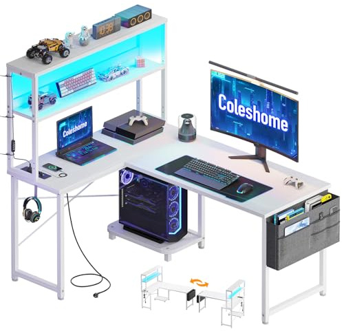 Coleshome Escritorio Gaming Esquinero con LED, 110x80cm, Blanco