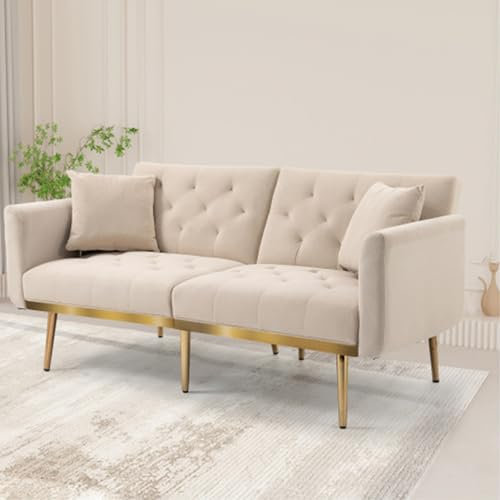 DDZJTPP Luxus 2er Sofa Loungesofa Mit Schlaffunktion,Glamour Design, Couchgarnitur, Sofagarnitur, Holzfüße, Polstersofa, Für Kleine Wohnung Im Wohnzimmerstudio,Beige