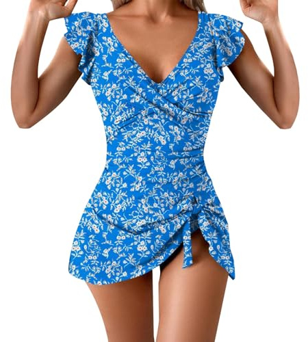 HOOUDO Women's One Piece Swimsuit V Neck Swimwear Wrap Padded Bathing Suit Ruched Tummy Control Wide Straps Swimming Costume with Skirt Plus Size Swim Dress A Blue