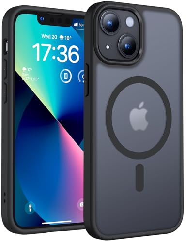 TOCOL Skal för iPhone 13 Mini, Kameraskydd, Integrerad Magnetring, Kompatibel med Magsafe, Fallskydd, Genomskinlig Matt Baksida, Svart Titan