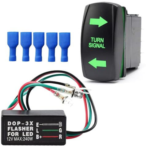 Greluma Kit de relais de clignotants avec interrupteurs à bascule 4 broches ON/OFF, LED verte gravée au laser, câbles de démarrage SPDT 12 V/24 V pour VTT, UTV, tracteur, moto