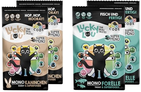 Lucky Lou Adult Trockenfutter für Katzen - Food Code Katzenfutter trocken für ausgewachsene Katzen, ohne Getreide & Zucker 750 g (4er Pack), Mono Forelle & Kaninchen