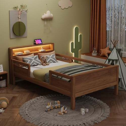 Kinderbett Holzbett 90x200, Multifunktionsbett mit USB Typ-C Steckdose&LED-Leuchte&Stauraum-Kopfteil, Bett Einzelbett Jugendbett Bettgestell mit Rausfallschutz, Kiefernholz, Ohne Matratze, Holzfarbe