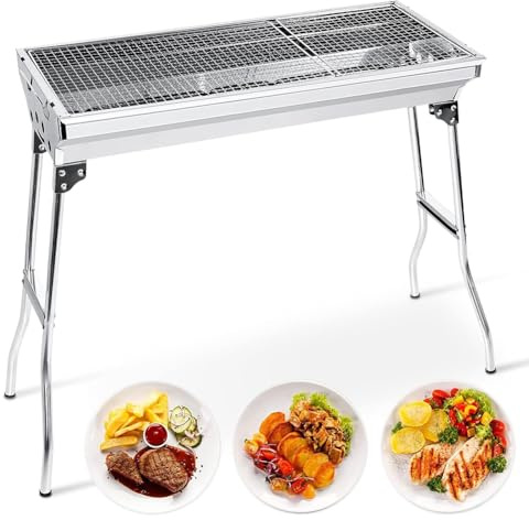 Pobbycrafm Holzkohlegrill, Edelstahl Portable Camping Grill, Klappbar Smoker Grill Picknickgrill für Picknick, Garten, Terrasse, Camping