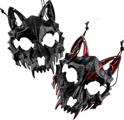 ZoneYan Halloween Wolf Maske,2 Stück Wolf Maske, Therian Masken, Horror Maske, Samurai Masken, Werwolf Knochen Halbmaske, Dekorative Maske für Erwachsene