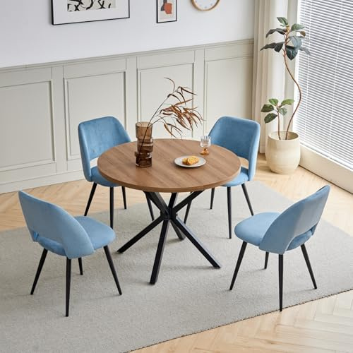 JZGORC Esstisch und Stuhlset, 100 cm Runder MDF Esstisch, 4 Gepolsterte Küchenstühle aus Cord mit Hohlrückenlehne, für Esszimmer, Wohnzimmer, Küche (Dunkel + Blau)