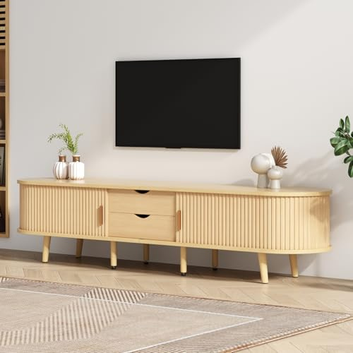 OLIVIBED Mueble de TV con puertas correderas, moderno mueble bajo con 2 cajones, para televisor de 70 pulgadas, mesa de TV con espacio de almacenamiento, para salón, dormitorio, madera natural, 175 x