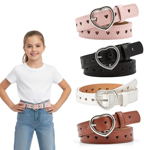 JcvPot 4 Stück Kindergürtel Mädchen, PU Verstellbare Herz Schnalle Kindergürtel, Herz Schnalle Leder Mädchen Gürtel, Stretchgürtel Für Kleider Jeans Hosen Jacken,105cm