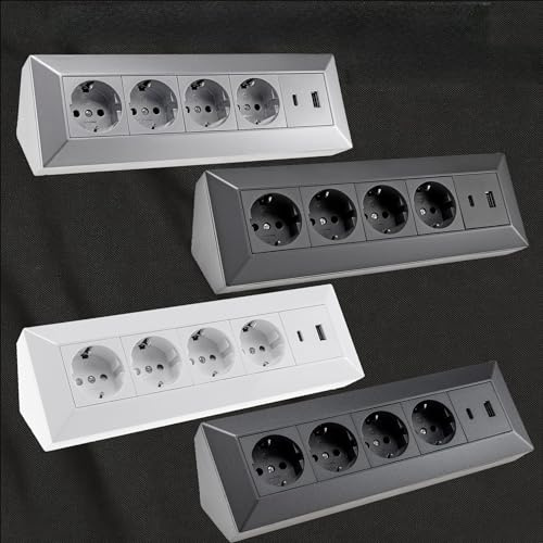 Vonhoff 4-Fach Steckdosenblock mit USB-A & USB-C | 3600W | PD 20W | 3,1A | Metallrahmen | 26x8x8cm | Aufbaumontage | 4 Farben, Variante:anthrazit