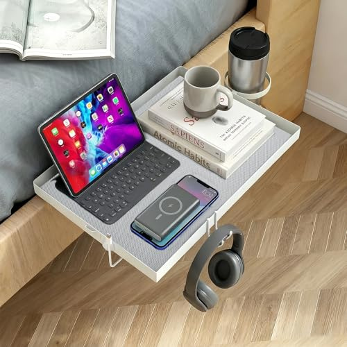 Ecofocet Bandeja Flotante,Estantería Colgante,Bandeja de Cama,Mesita de Noche,con portavasos,Mantel Individual,Gancho y Clip para Cable de Datos,Ideal para dormitorios y Habitaciones