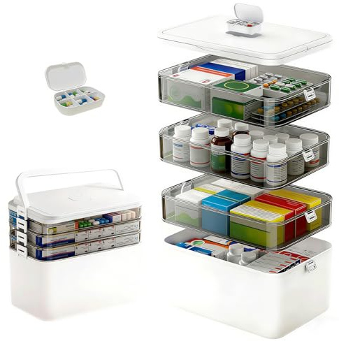 Kisizity 4-stöckige Hausapotheke Box, 27,7 x 27 x 14,7cm Weiße Medizinbox