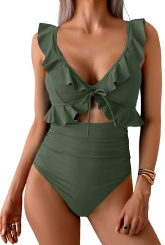 Yutdeng Costume da Bagno Intero da Donna Scollo a V Push Up e Lacci Schiena Costumi Interi con Controllo della Pancia Costumi Mare con Volant Elegante Curvy Regolabile Beachwear,Verde,XL