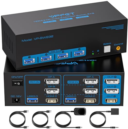 TIGKTING 8K60Hz HDMI+Displayport KVM Switch 3 Monitors 2 Computers | 4K120Hz 4-Port USB3.0 KVM Switch for 2 Computers,keyboard,mouse and more,comes with a desktop controller and 2 USB3.0 cables