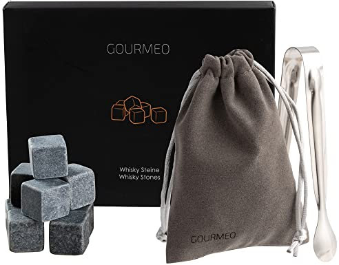 GOURMEO Whisky Stones Gift Set from Natural Basalt, 9 Pieces, with Velvet Gift Pouch, Perfect for Keeping Your Whiskey, Scotch or Wine Cool