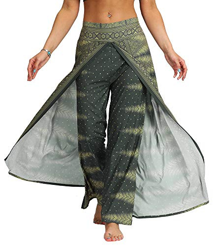 Nuofengkudu Womens Summer Split Leg Trousers Flowy Open Wide Leg Wrap Yoga Pants Loose Hippy Patterned Boho Breathable Palazzo Lightweight Ladies Lounge Bottoms Beach Holiday(Green,L/XL)