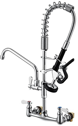 Favorpo Commercial Sink Faucets with Sprayer 25 Inches Wall Mount Kitchen Faucet with Pull Down Pre-Rinse Sprayer and 10 Swivel Spout 8 Inch Center Compartment Sink Faucet