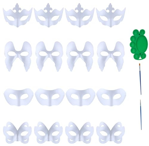 Qavctw 16 Stück DIY Maskerade Maske, bemalbare Papiermasken zum Basteln, DIY weiße Masken, unlackierte einfarbige Bastelmasken für Halloween, Weihnachten, Karneval, Party, Maske